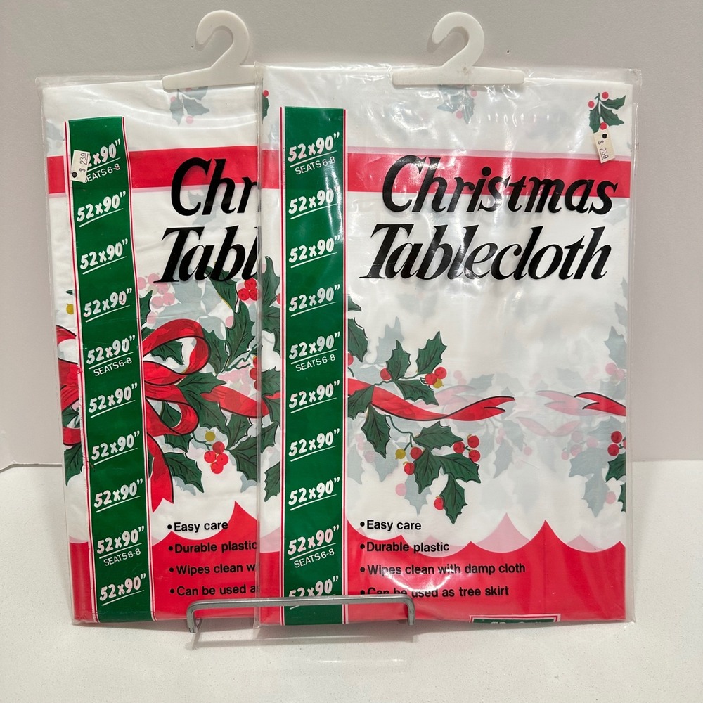 Vtg Maytex Mills Christmas Tablecloth Lot of 2 Holly Berry Red Bow Plastic 52x90